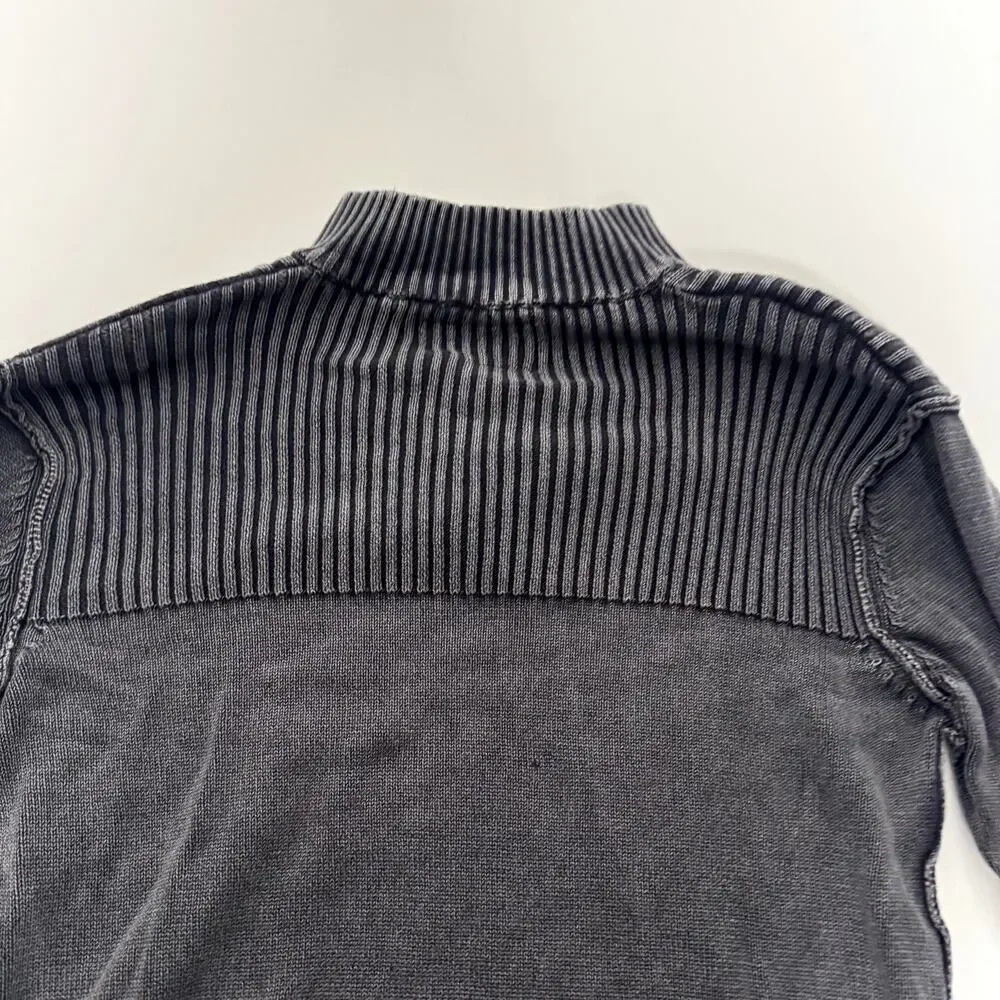KE Distressed Knit Sweater Mens Medium Gray Mock Neck Button Pullover‎ Buckle